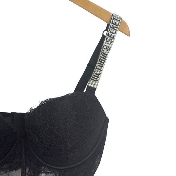 Victoria’s Secret Black Rhinestone Strap Pushup Corset Bra Top 36D Floral Lace - Picture 6 of 16